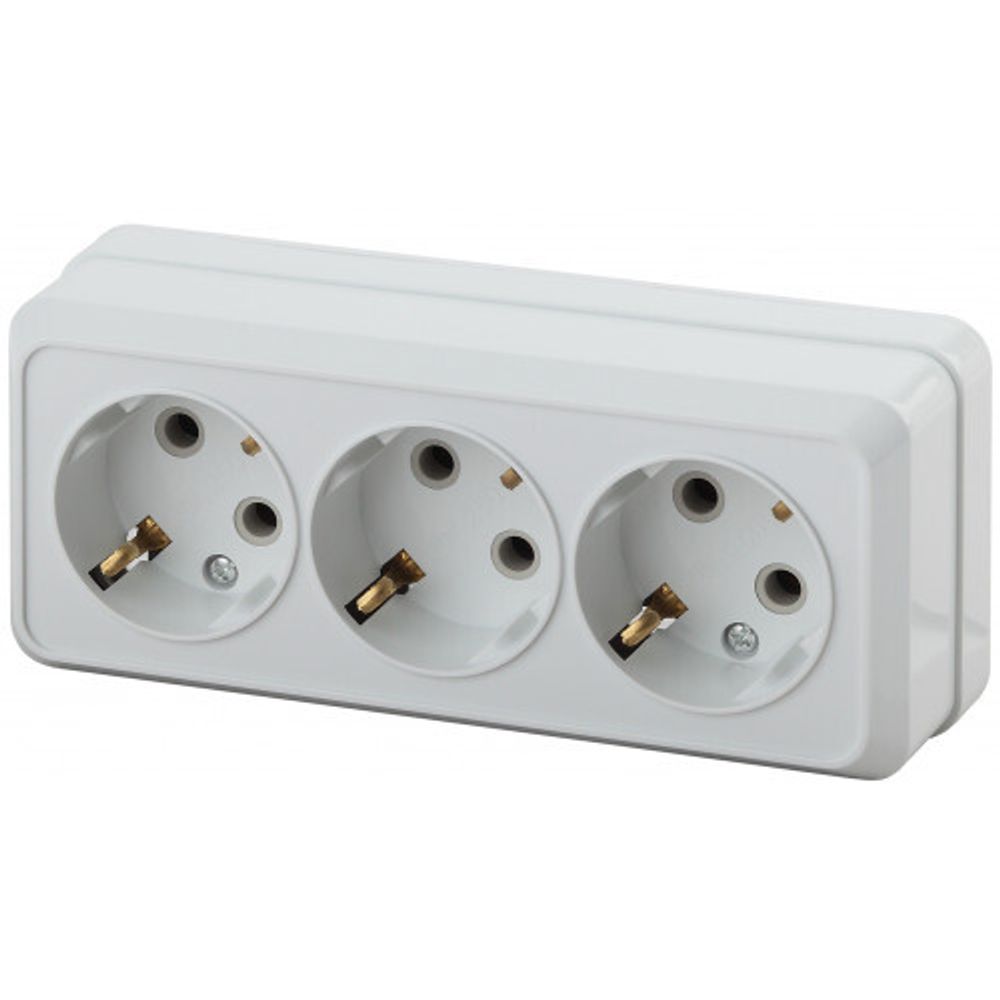 Розетка Intro Quadro 2-206-01 с заземлением трехместная 3х2P+E, 16А-250В, IP20, ОУ, белый | Intro Quadro