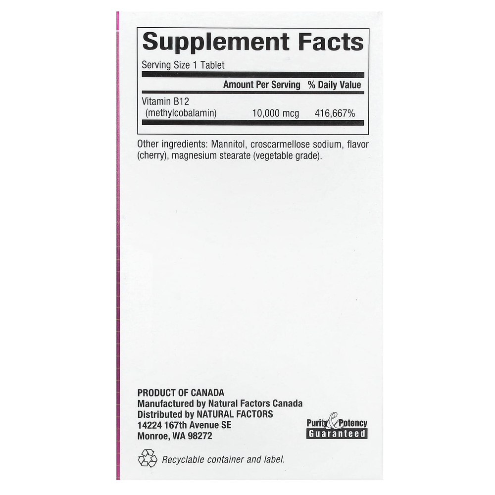 Natural Factors, B12 Метилкобаламин, Вишня, 10 000 мкг, 30 жевательных таблеток
