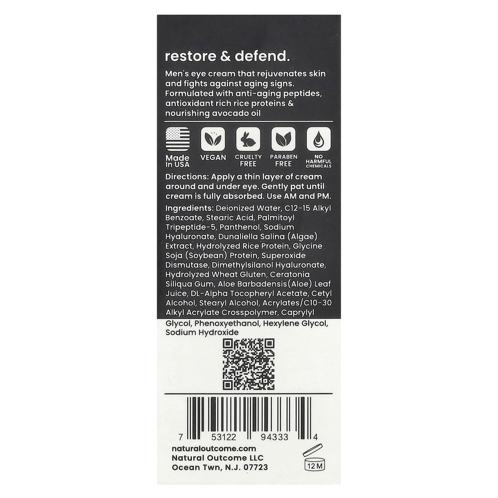 Natural Outcome, Manskin Restore & Defend, крем для кожи вокруг глаз, без отдушек, 15 мл (0,5 унции)