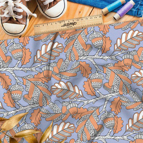 Ткань шелк Армани резной оранжевый дуб с жёлудями на голубом фоне