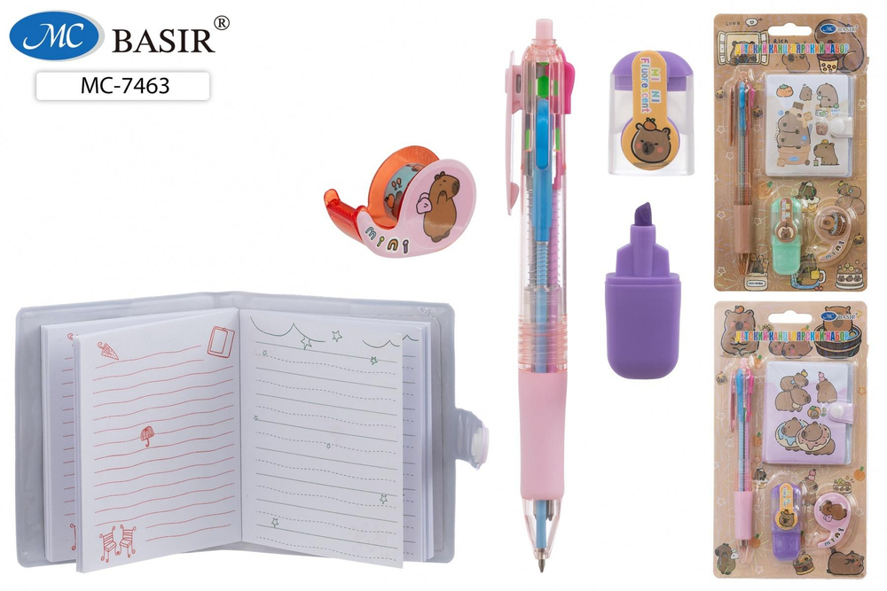 Набор Блокнот на кнопке 7*6см.,ручка 4цв.,мини текстмаркер, скотч "Капибара" блист,асс. (Basir)