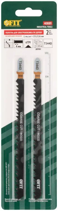 FIT Пилки по дереву для электролобзика 151/126/ шаг 4 мм полотна HCS разведенные шлифованные, набор 2 шт.