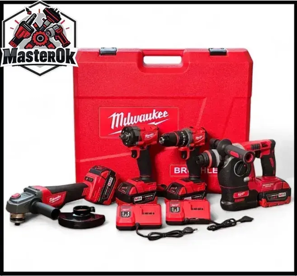 Набор аккумуляторного электроинструмента инструмента Milwaukee 4в1 с 4 АКБ Шуруповерт Болгарка Перфоратор Гайковерт 21V