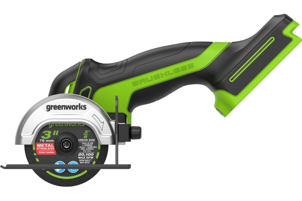 Угловая мини-шлифмашина аккумуляторная GreenWorks GD24UCS, 24В, б/щет., 20000 об/мин, 76 мм, рез 18 мм, без АКБ и ЗУ 3402007