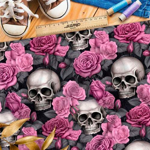 Ткань премиум таффета мрачные черепа на фоне роз