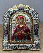 Семистрельная БМ, икона арочная с рамкой под стеклом, белое дерево, эмаль 167х228