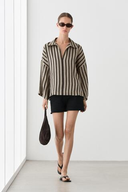 Massimo Dutti Блуза оверсайз в полоску из смесового льна, песочный