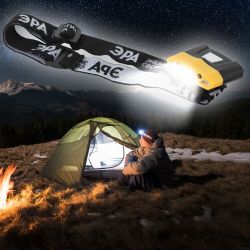 Фонарь налобный светодиодный ЭРА Рабочие GA-804 аккумуляторный яркий 4 режима желто-черный | Без бренда