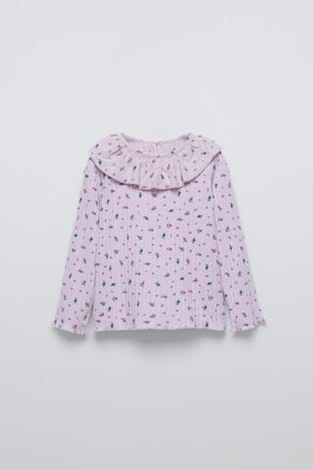 ZARA ТОП В РУБЧИК С ЦВЕТОЧНЫМ ПРИНТОМ, ЦВЕТ МАЛЬВЫ