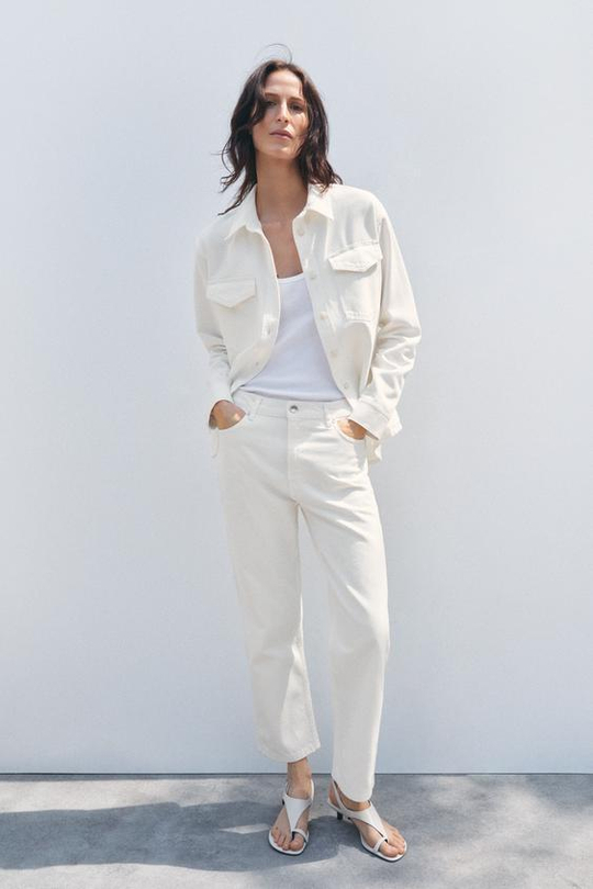 ZARA УКОРОЧЕННЫЕ ДЖИНСЫ ПРЯМОГО КРОЯ С ВЫСОКОЙ ПОСАДКОЙ — ZW COLLECTION, ЭКРЮ