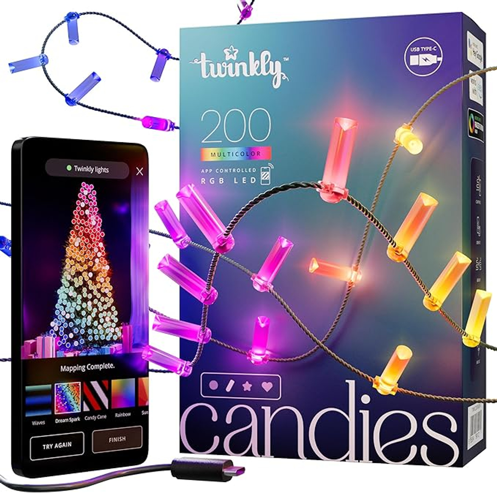 Гирлянда Twinkly Candies Candles 200 диодов, 7 мм в форме свечи, RGB, расстояние между лампами 6 см, прозрачный провод, BT+WiFi, IP20, питание от USB-C