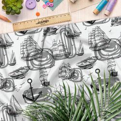 Ткань оксфорд 210 чёрные эскизы кораблей на белом фоне