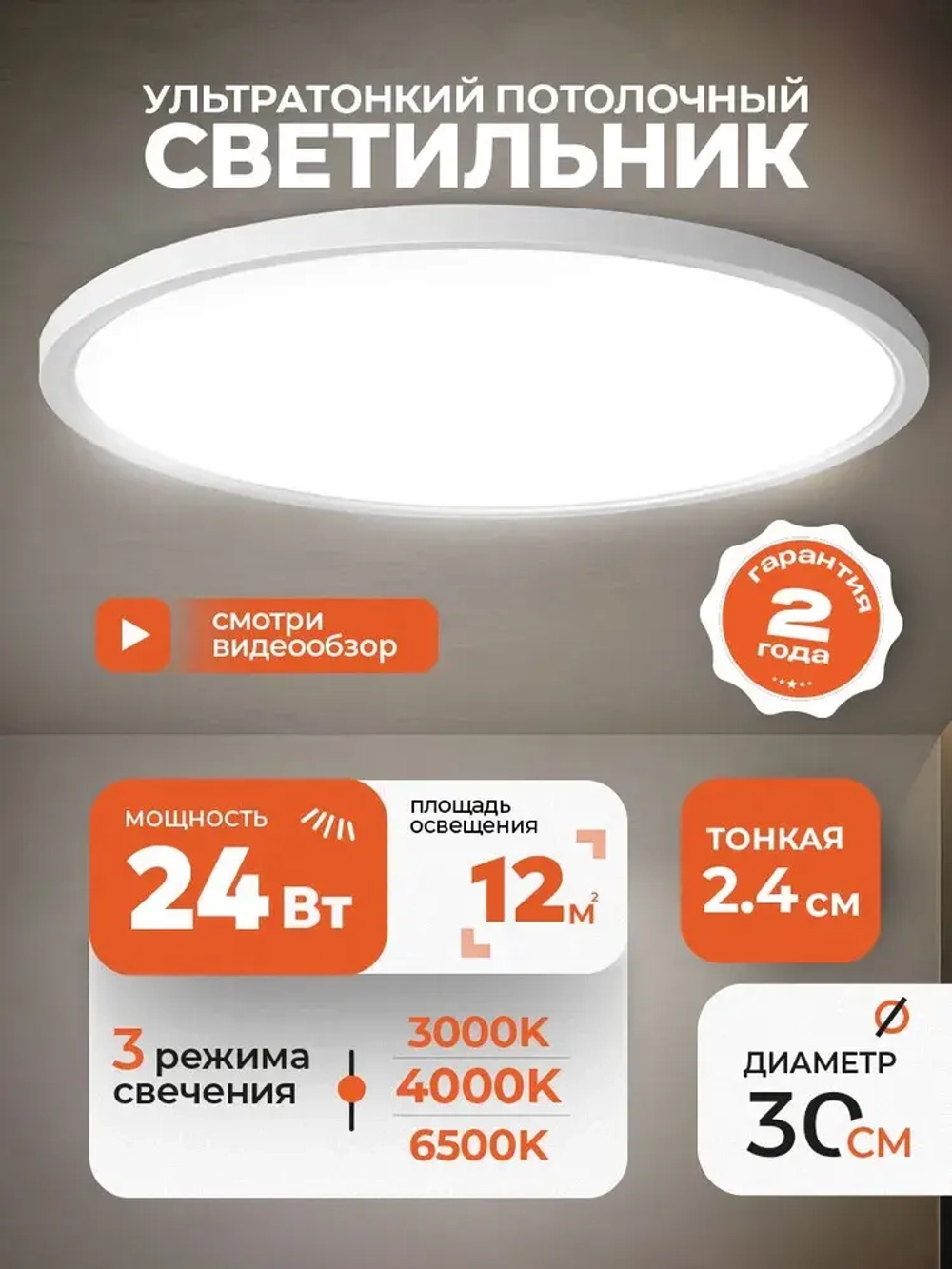 Люстра потолочная светодиодная Maghome 3000K/4000K/6500K, 24Вт, 30cm, 2.4cm толщиной ,белый