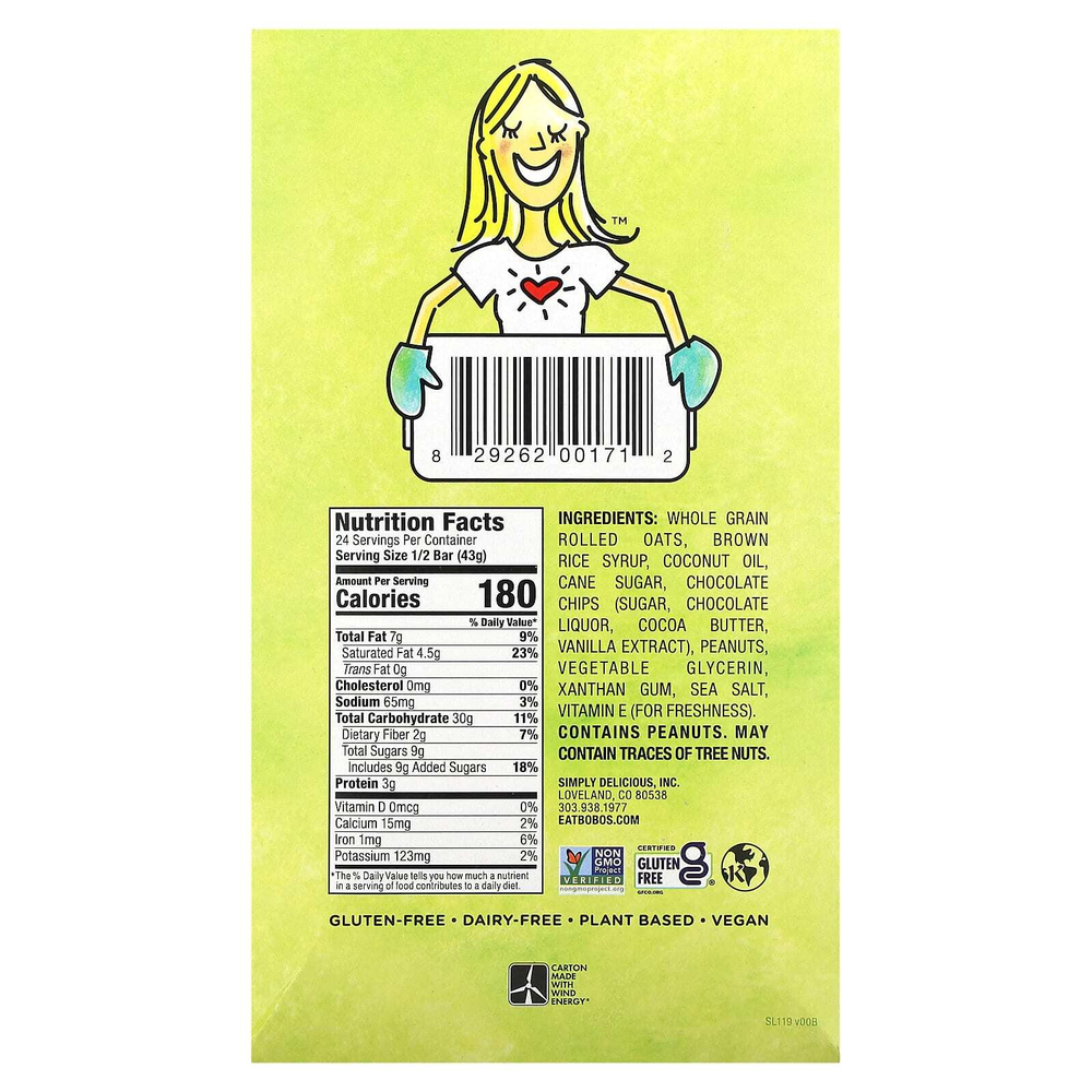 Bobo's Oat Bars, Арахисовая паста с шоколадной крошкой, 12 батончиков по 85 г (3 унции)