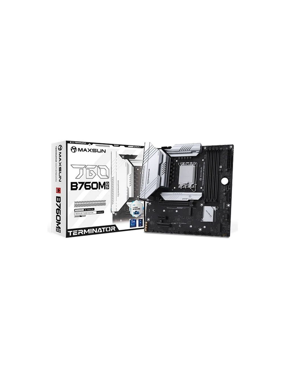 MAXSUN MS-Terminator B760M D5 WIFI 6E (Socket 1700, mATX, 4*DDR5(192Gb), DP/HDMI, 4*SATA3, 3*M.2, 1xPCI-E x16 /1xPCI-E x4/1xPCI-E x1,  6*USB 2.0,  2*USB 3.2 , LAN 1*2.5G, Wi-Fi 6E, BT5.3, RTL)