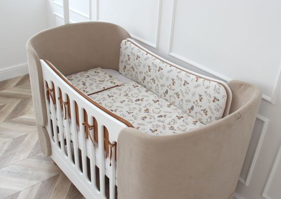 Мягкие бортики для кроватки KIDI soft "Зайчики с грибами" (мокко, сатин)