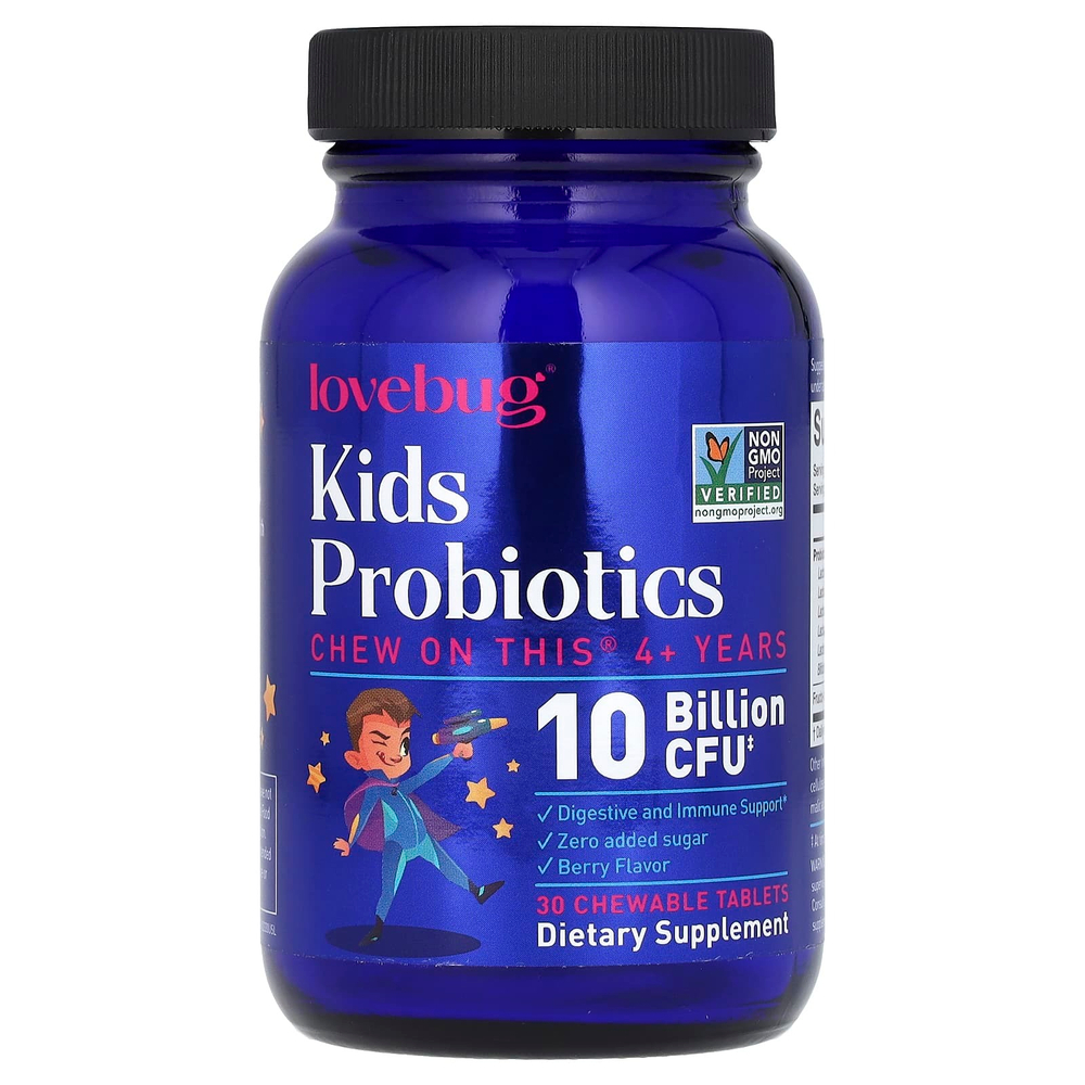 LoveBug Probiotics, пробиотики для детей, от 4 лет, с ягодным вкусом,10 млрд КОЕ, 30 жевательных таблеток