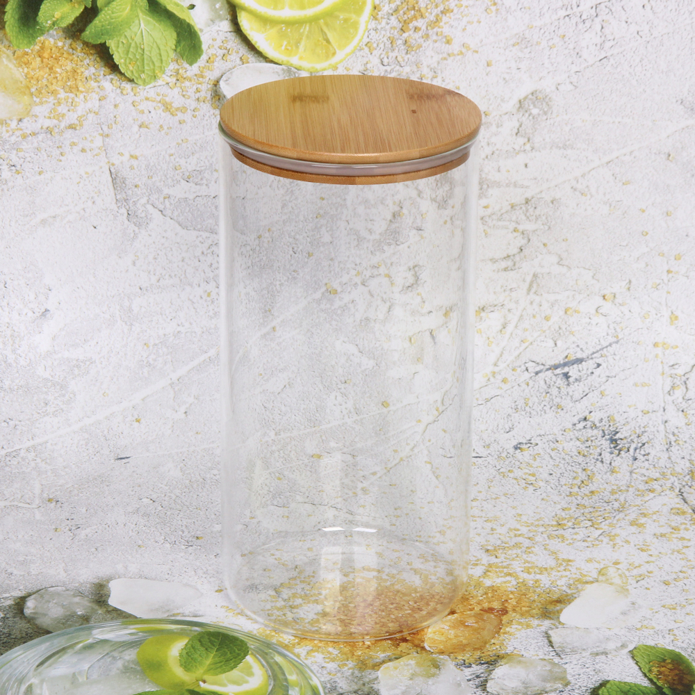 Банка для продуктов стеклянная 5000мл «Хай-Тек» с бамбуковой крышкой 15*30см