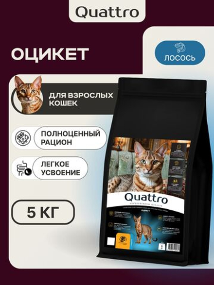 Корм сухой для взрослых кошек породы Оцикет, с лососем, 5 кг, QUATTRO