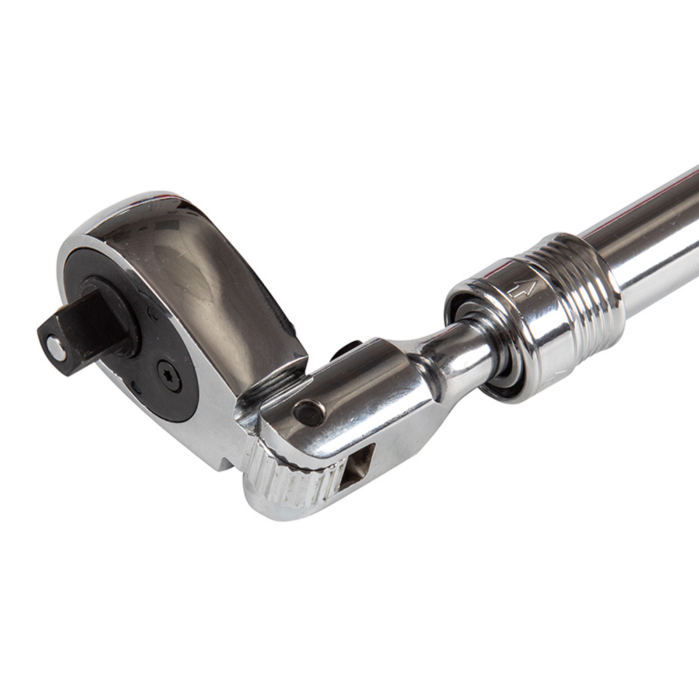 МАСТАК (010-33814) Трещотка 3/8", 250-350 мм, 72 зубца, флажковая с кнопкой, шарнирная, телескопическая с фиксатором