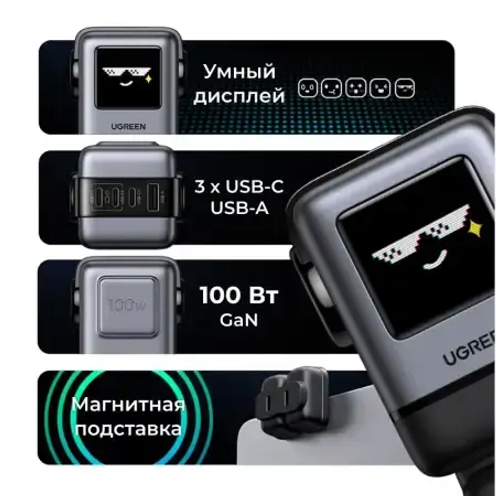 Зарядное устройство 3xUSB-C+1 USB, 100W, Nexode Robot GanN, UGREEN 45515B