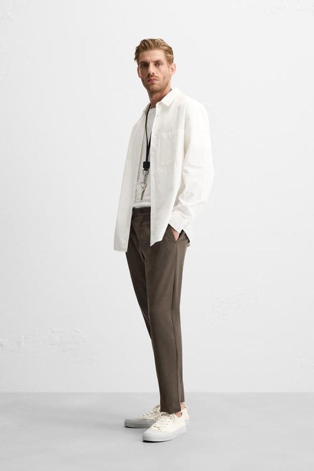 ZARA БРЮКИ КОМФОРТНОЙ ПОСАДКИ ИЗ РЕЛЬЕФНОЙ ТКАНИ, СЕРО-КОРИЧНЕВЫЙ