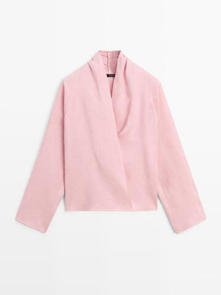 Massimo Dutti Блуза из струящейся льняной ткани внахлест, пастельно-розовый