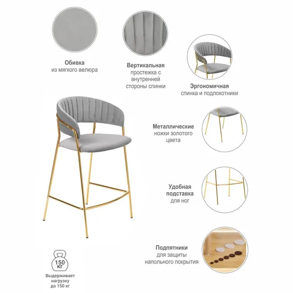Полубарный стул Drixen серый велюр с золотыми ножками