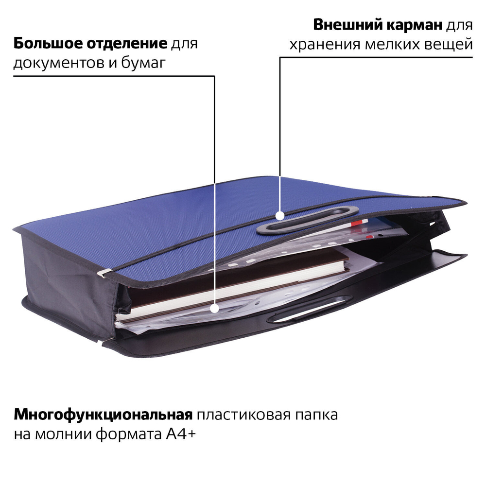 Сумка пластиковая BRAUBERG А4+ 390х315х70 мм на молнии внешний карман фактура бисер синий (3 штуки в упаковке)