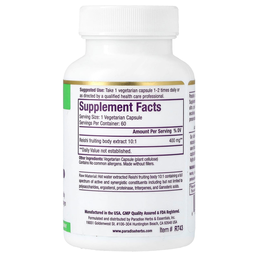 Paradise Herbs, Экстракт рейши, 60 вегетарианских капсул (400 мг на капсулу)