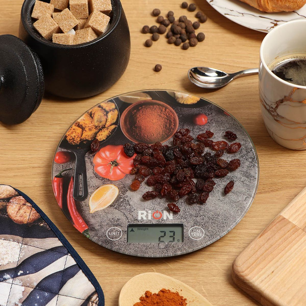 Весы кухонные электронные, стекло, Rion, Овощи, платформа, точность 1 г, до 5 кг, LCD-дисплей, PT-812
