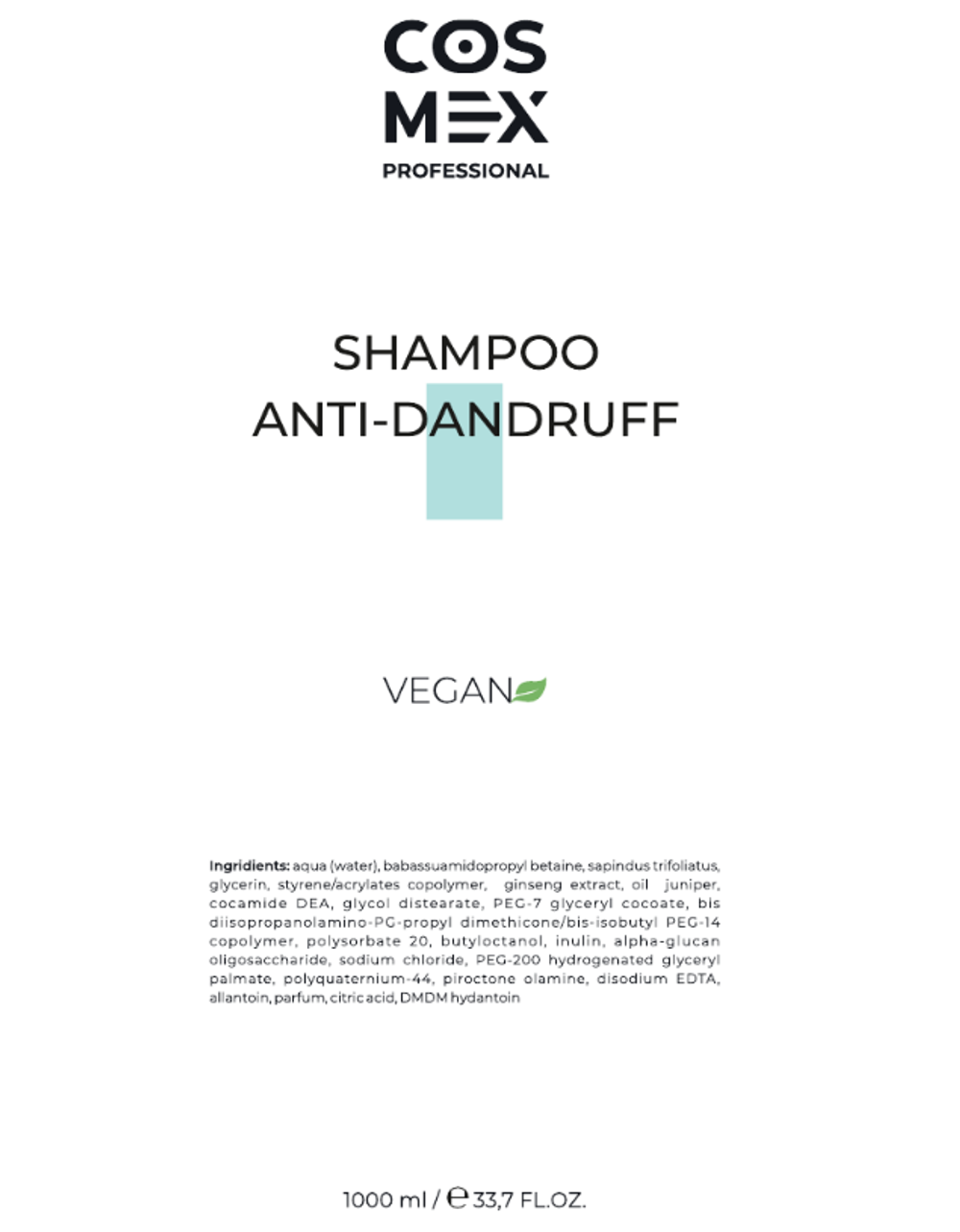 Этикетка Cosmex Шампунь против перхоти безсульфатный ANTI-DANDRUFF SHAMPOO 1000 мл