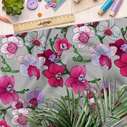 Ткань дюспо контрастные цветочки на сером