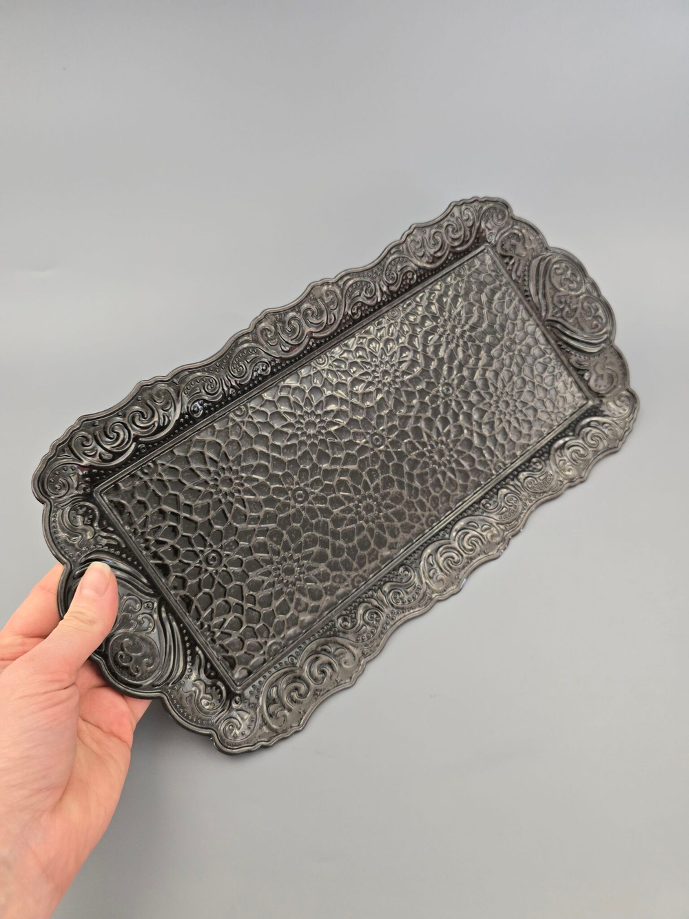 Поднос прямоугольный декоративный 35*18 "Цветок" металлический /ACAR. Турция (серебристый)