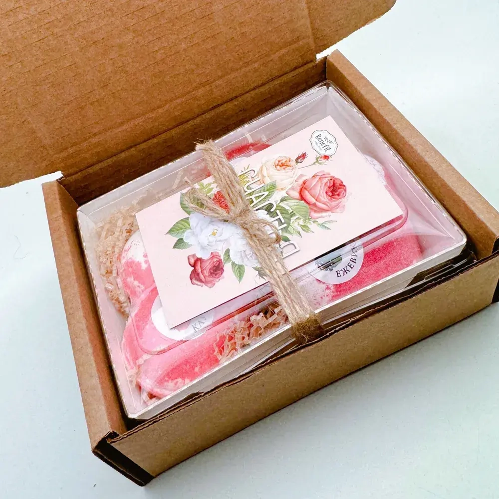 Набор бомбочек "Сердце клубника XL, сердце ежевика XL + мыло клубника"