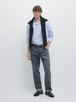 Massimo Dutti Полосатая льняная рубашка стандартного кроя, светло-голубой