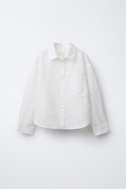 ZARA РУБАШКА ИЗ ХЛОПКА И ЛЬНА, БЕЛЫЙ