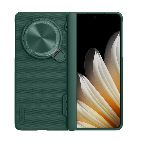 Чехол усиленный зеленого цвета (Dark Green) с откидной защитной крышкой для камеры на OPPO Find N5 от Nillkin, серия Super Frosted Shield Prop