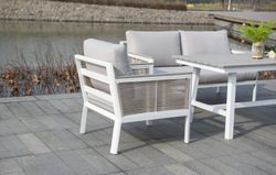 "Сан Ремо" кресло плетеное из роупа садовое, каркас алюминий белый, роуп бежевый, ткань бежевая