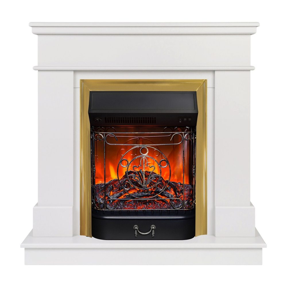 Электрокамин RealFlame Selena STD WT молочный с очагом Majestic Lux Brass