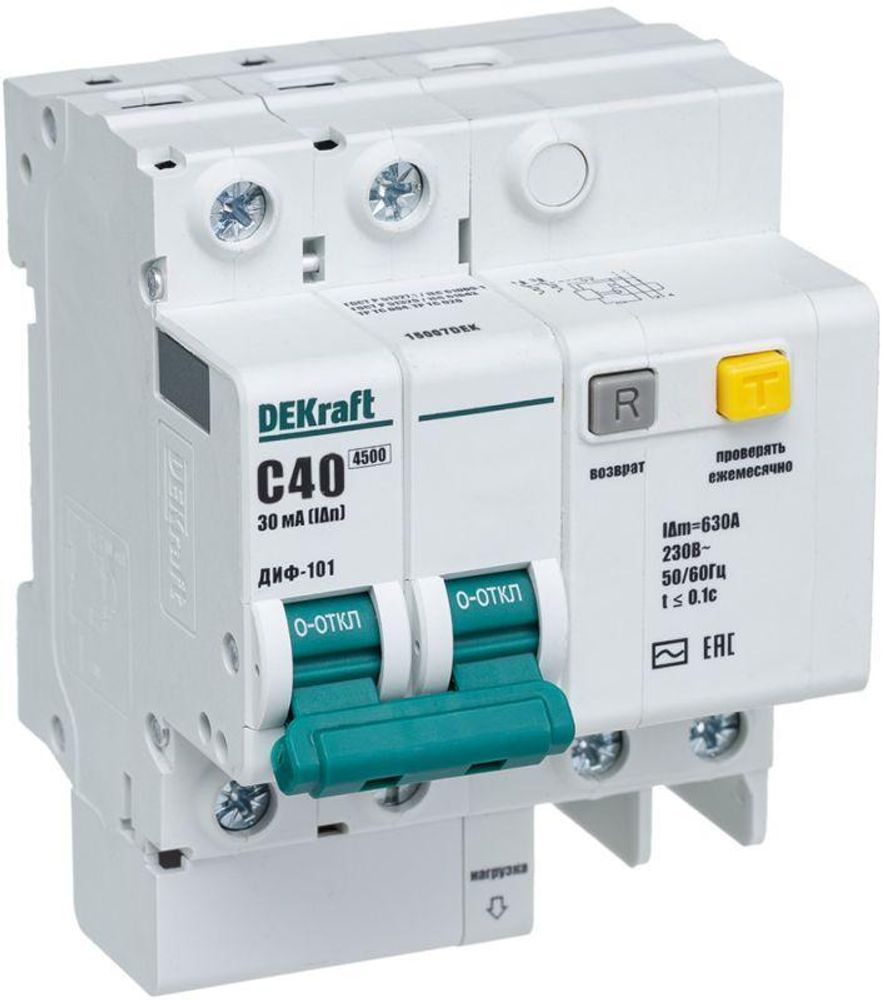 Выключатель автоматический дифференциального тока 2п C 40А 30мА тип AC 4.5кА ДИФ-101 6мод. DEKraft 15007DEK Выключатель автоматический дифференциального тока 2п C 40А 30мА тип AC 4.5кА ДИФ-101 6мод. DEKraft 15007DEK