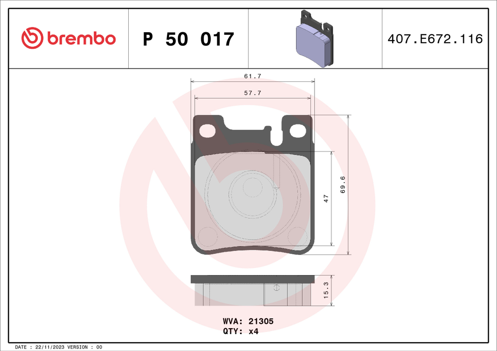 BREMBO - P50017-BRB - Brake Pad Set, disc brake