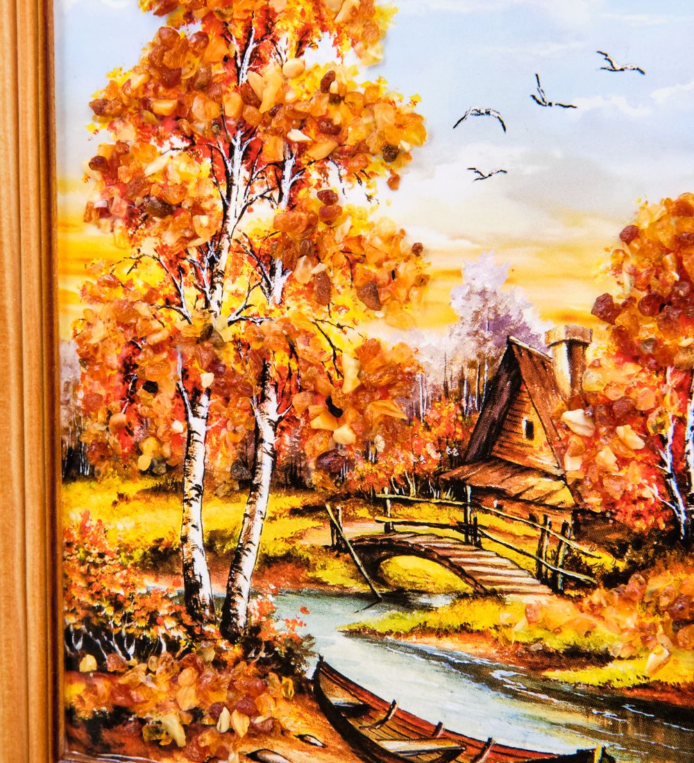 AMB-74/48 Картина «Избушка в лесу» (с янтарной крошкой) дер.краш.рамка 12х15