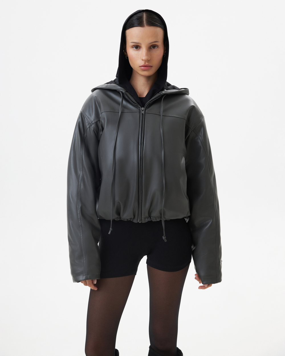 HOODED V-LEATHER JACKET