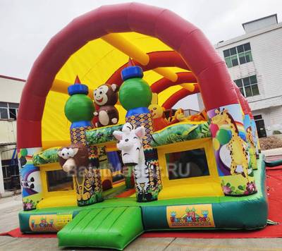 Коммерческий надувной батут "Мульти зверята" с крышей, 10*6*6 м
