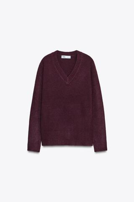 ZARA ТРИКОТАЖНЫЙ ДЖЕМПЕР С V-ОБРАЗНЫМ ВЫРЕЗОМ, БУРГУНДИ