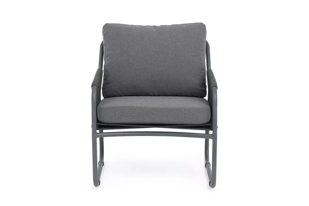 "Ането" кресло плетеное из роупа, каркас алюминий темно-серый (RAL7024) муар, роуп темно-серый круглый, ткань темно-серая 027