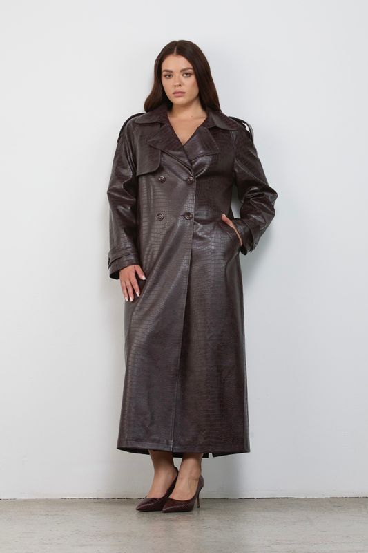 Тренч из экокожи под рептилию, коричневый