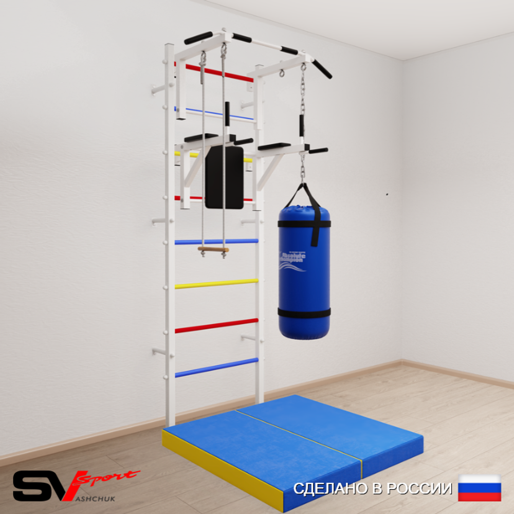 Шведская стенка Sv Sport усиленная 6735 (Турник стандарт/Брусья/Трапеция/Цепь/Мешок 15кг/Мат 1м)