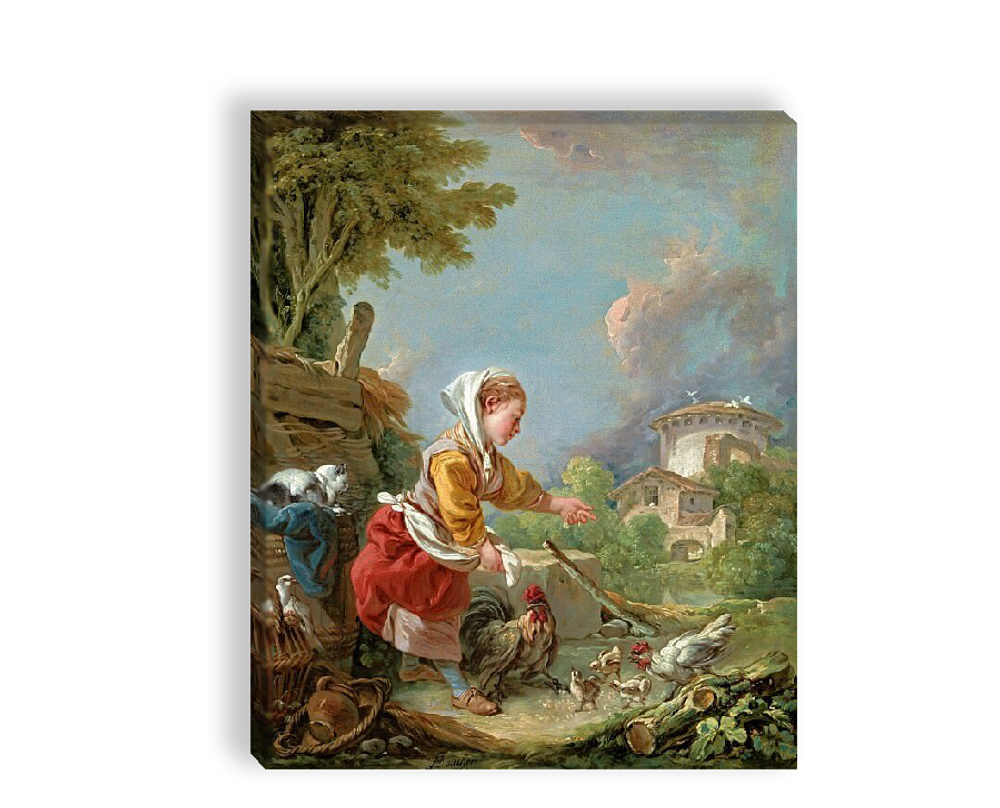 "Девочка, кормящая домашнюю птицу", Буше, Франсуа, картина (репродукция)